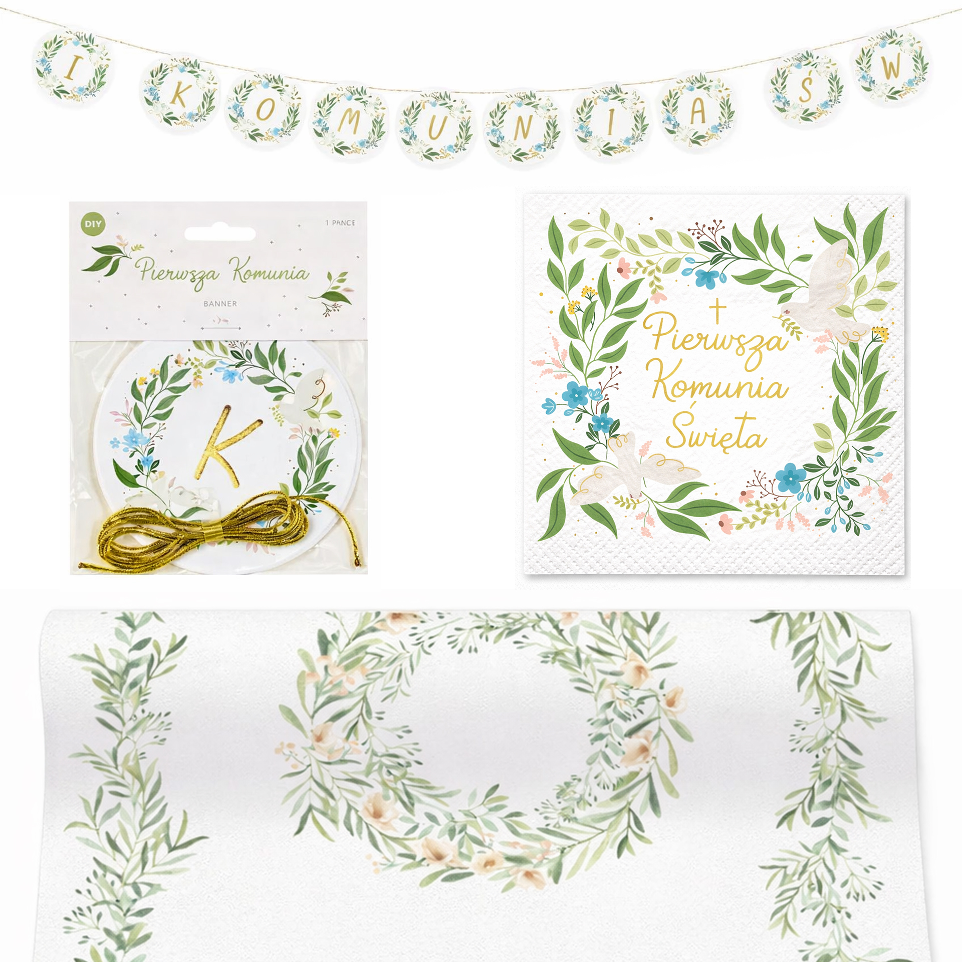 Dekoracje na Pierwszą Komunię, w tym girlanda, serwetki i szczegółowy motyw roślinny z napisem "Pierwsza Komunia Święta".