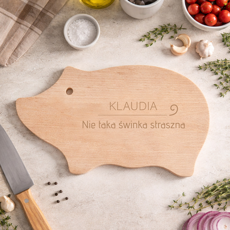 Deska do krojenia w kształcie świnki z imieniem oraz tekstem "Nie taka świnka straszna", położona na blacie, obok noża i składników.
