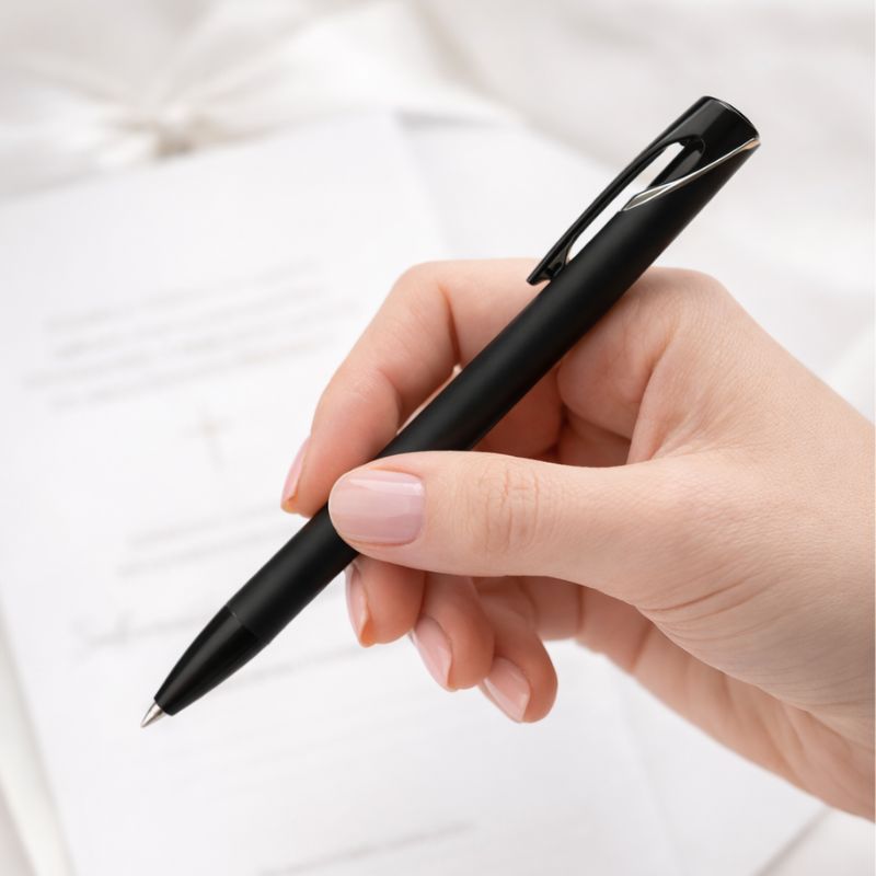 Czarny długopis trzymany w ręce, z widocznym dokumentem w tle, na którym są nieczytelne informacje.