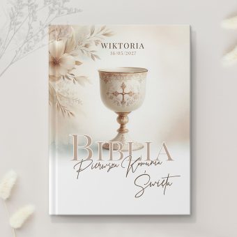 BIBLIA Personalizowana Okładka Pamiątka Komunijna Kielich Boho