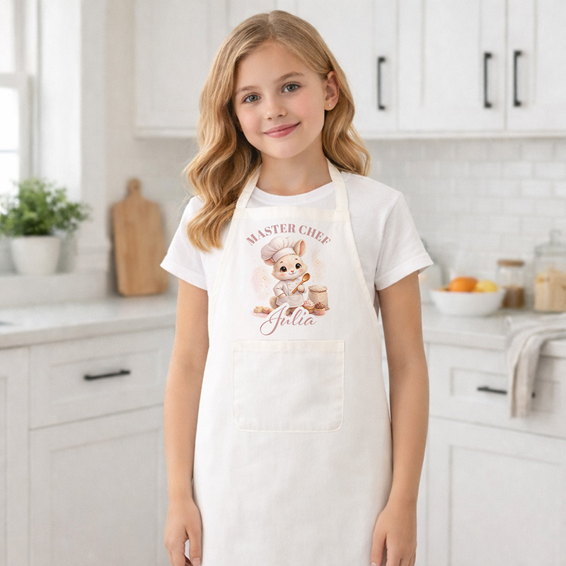 Dziewczynka w białym fartuchu kucharskim z napisem "MASTER CHEF"