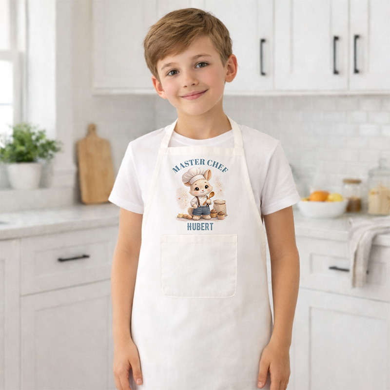 Chłopiec uśmiechający się w kuchni, noszący biały fartuch z napisem "MASTER CHEF HUBERT" oraz rysunkiem uroczej postaci kucharza.