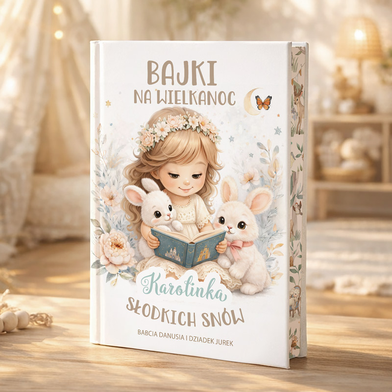 Książka z tytułem "Bajki na Wielkanoc" z dziewczynką czytającą w towarzystwie dwóch białych króliczków.