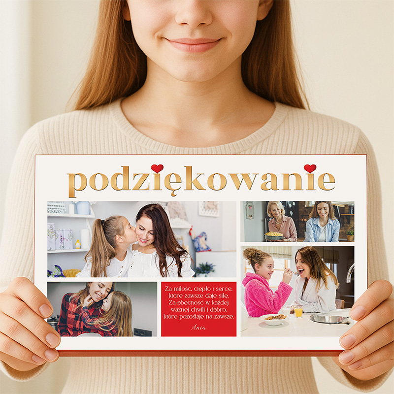 Kobieta trzyma w rękach kartkę z napisem "podziękowanie" oraz zdjęciami przedstawiającymi szczęśliwe chwile z bliskimi.