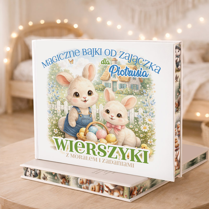 Ilustrowana książka „Magiczne bajki od Zajączka dla Piotrusia” z króliczkami trzymającymi koszyk z jajkami wielkanocnymi.