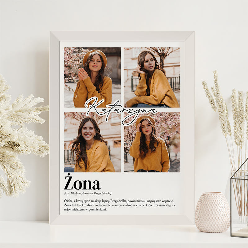 Zestaw czterech zdjęć kobiety w żółtym swetrze, otoczonej kwitnącymi drzewami; imię oraz napis "Żona".