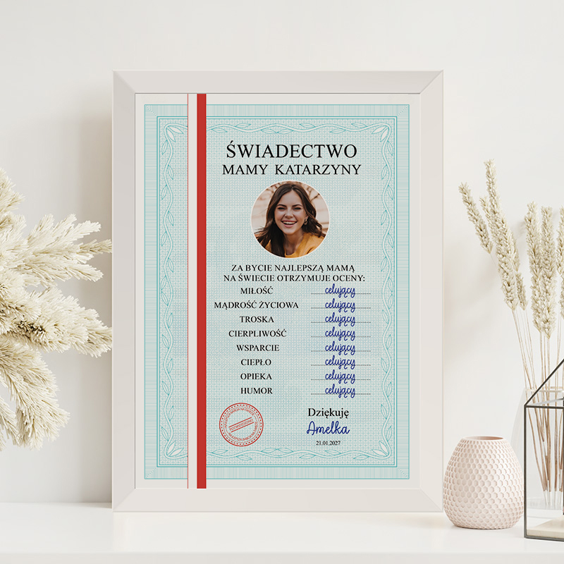 Dyplom dla mamy , zawierający pozytywne cechy jak miłość, mądrość życiowa i humor, z podpisem dziecka.