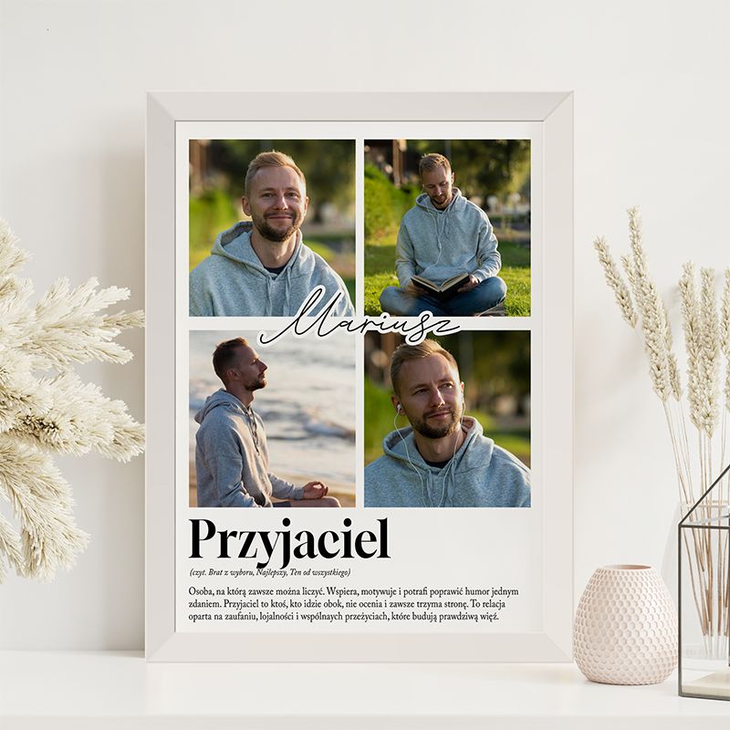 Plakat z czterema zdjęciami oraz słowem "Przyjaciel" na dole.