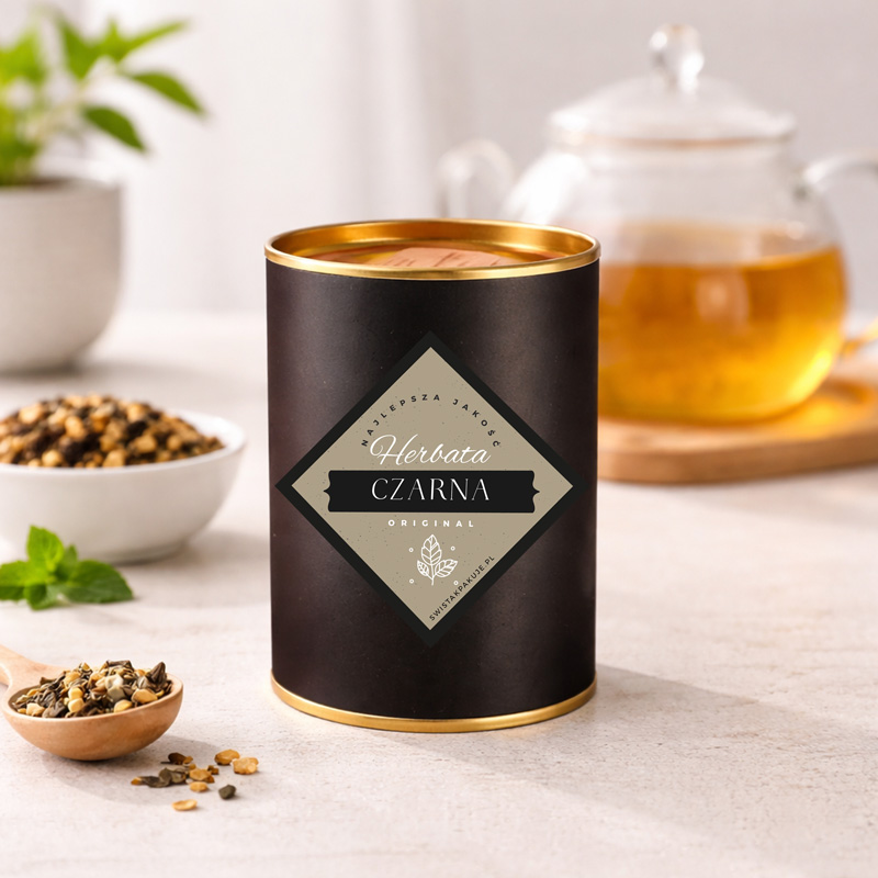 Czarna herbata w eleganckim opakowaniu na tle filiżanki herbaty i składników.