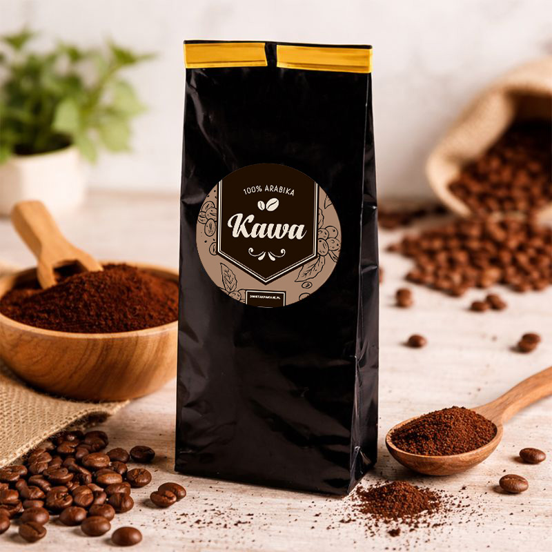 Czarna paczka zmielonej kawy z okrągłą etykietą "Kawa", obok ziarna kawy i filiżanka z mieloną kawą.