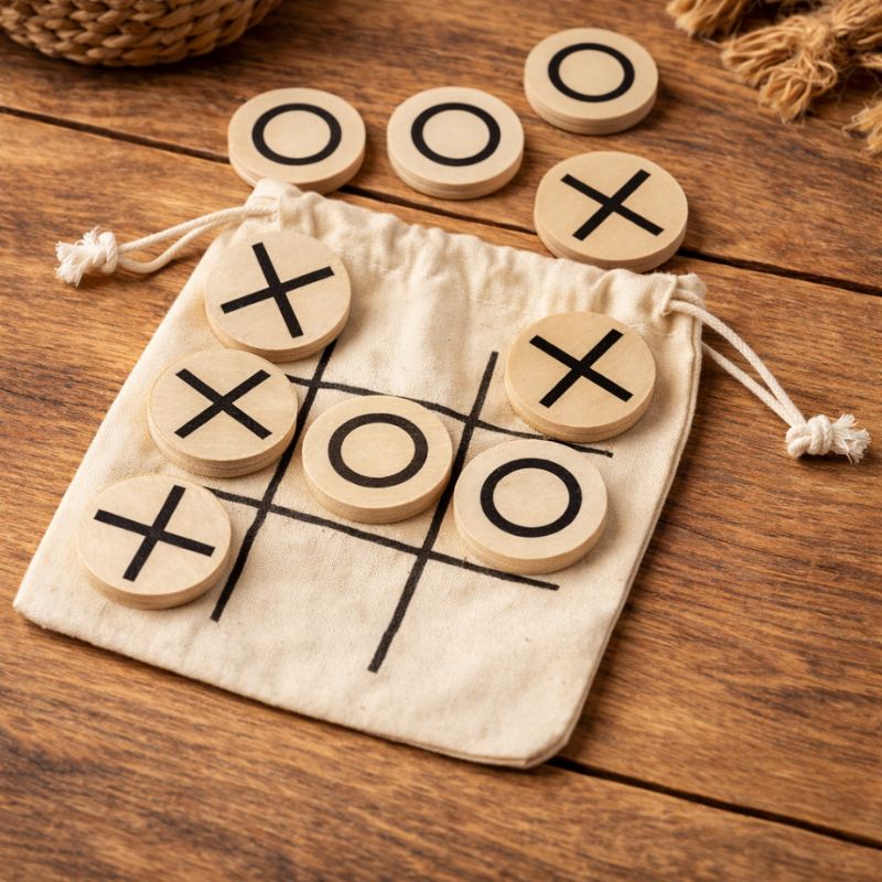 Zestaw do gry w kółko-krzyżyk wykonany z drewnianych żetonów na tle lnianego woreczka i drewnianego stołu.