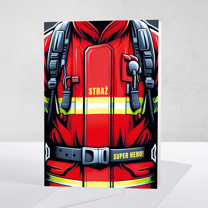 Czerwony uniform strażaka z napisem "STRAŻ" i "SUPER HERO!" na tle białego papieru.
