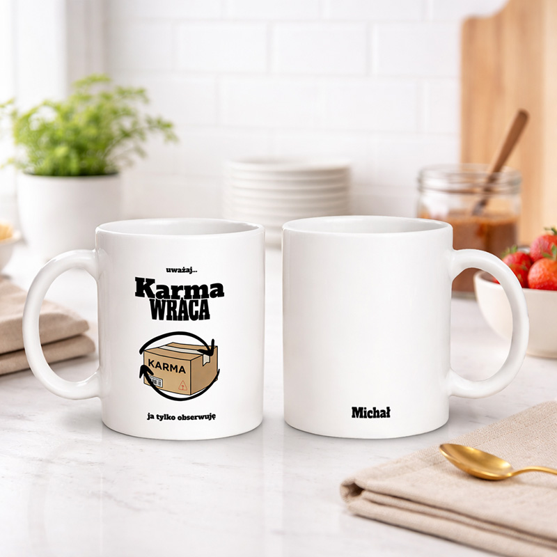 Kubek z napisem "uważaj! Karma wraca" i imieniem.