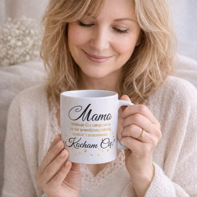 Kobieta trzyma kubek z napisem "Mamo, dziękuję Ci z całego serca..." z ciepłym uśmiechem.