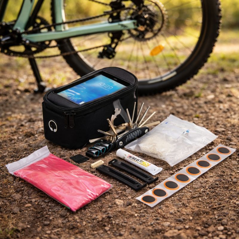 Zestaw naprawczy do roweru, w tym narzędzia, łatki, klej oraz torba, położony na ziemi obok roweru.