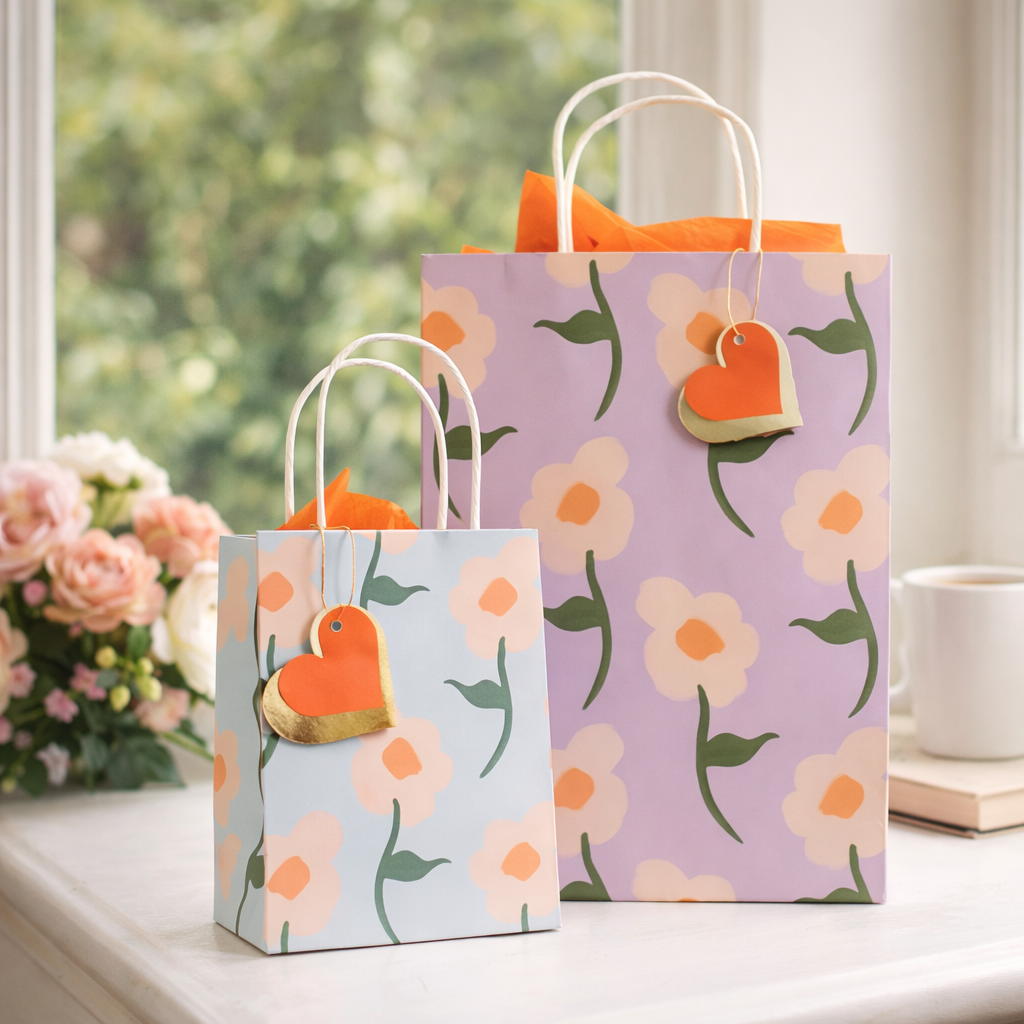 Kolorowe torebki prezentowe z kwiatowym wzorem stoją na stole, obok widoczne kwiaty w wazonie i filiżanka.