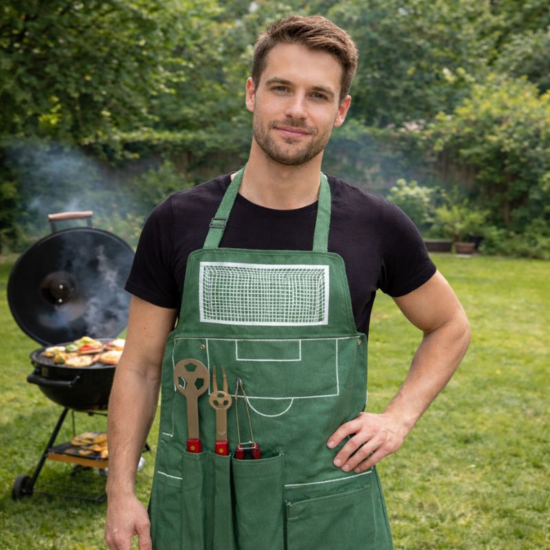 Mężczyzna w zielonym fartuchu z narzędziami do grillowania stoi w ogrodzie, obok grillującej potrawy.