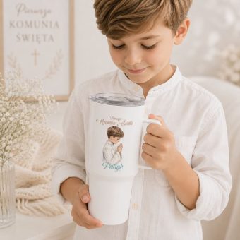 Biały KUBEK Termiczny Oryginalny Prezent Komunijny dla Chłopca