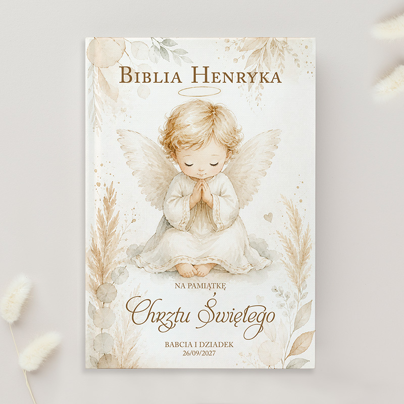 Okładka Biblii z ilustracją aniołka z zamkniętymi oczami, modlącego się w białej sukience, otoczonego roślinami.