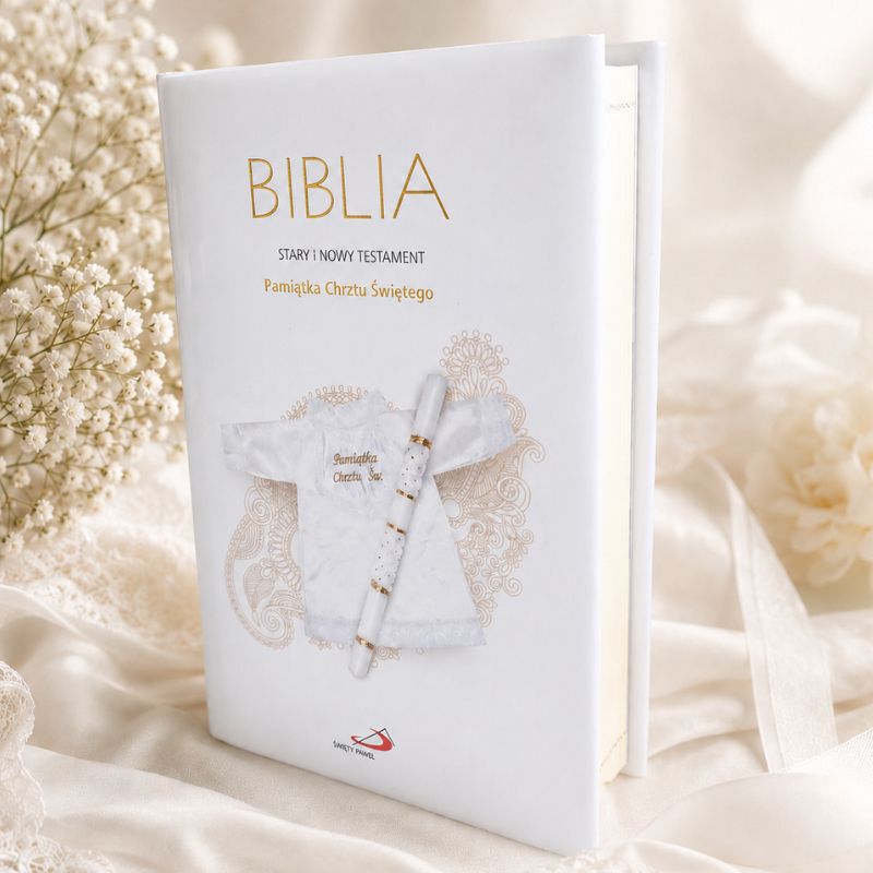 Biblia z białą okładką, ozdobiona haftowaną koszulą i tekstem "Pamiątka Chrztu Świętego". W tle delikatne tkaniny i kwiaty.