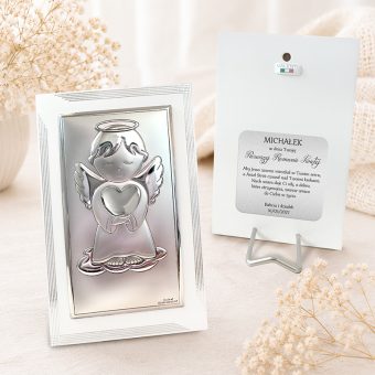 OBRAZEK Srebrny Anioł Personalizowana Pamiątka I Komunii Świętej
