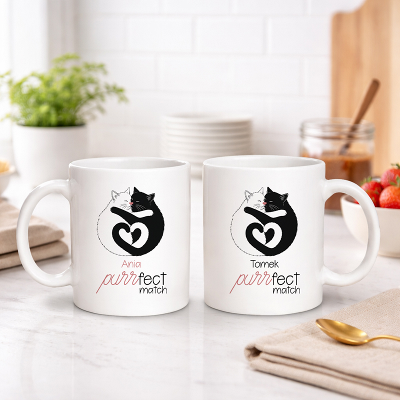 Zestaw kubków dla pary z kotami i napisem Purrfect Match.