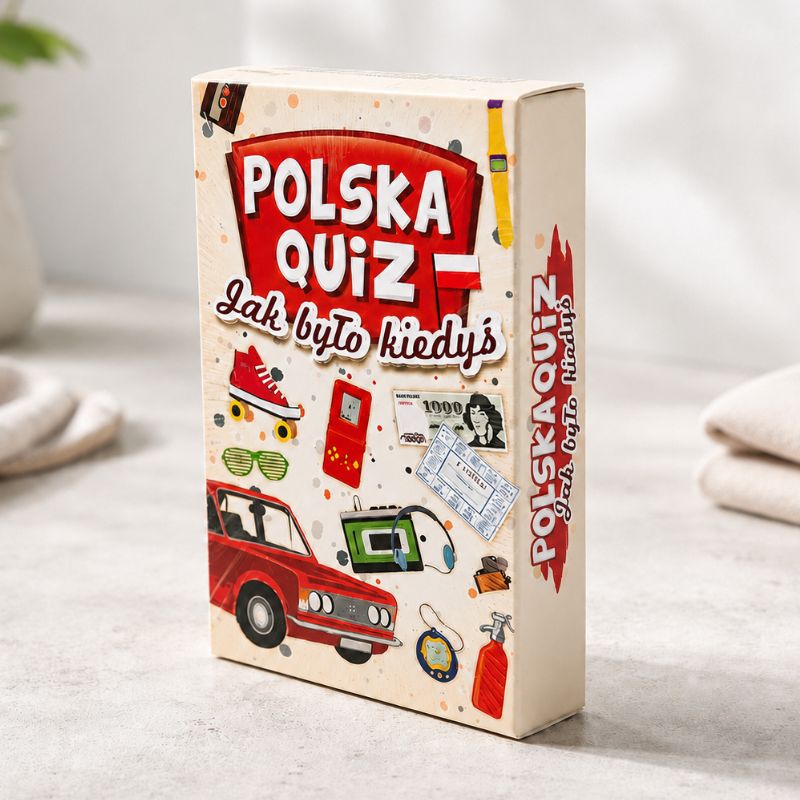 Gra quiz o latach 80 i 90 w pudełku z retro grafiką i motywami PRL.