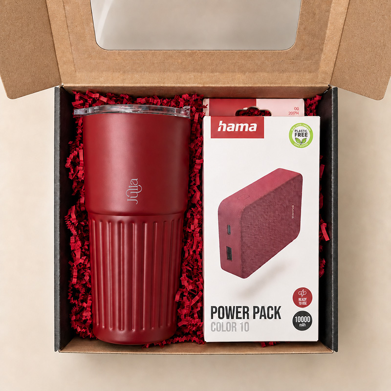 Burgundowy zestaw prezentowy zawiera kubek termiczny w kolorze merlot oraz powerbank HAMA.