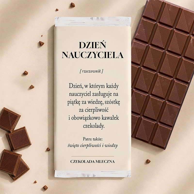 Czekolada mleczna obok opakowania z napisem "Dzień Nauczyciela", zawierającego informacje o tym dniu.