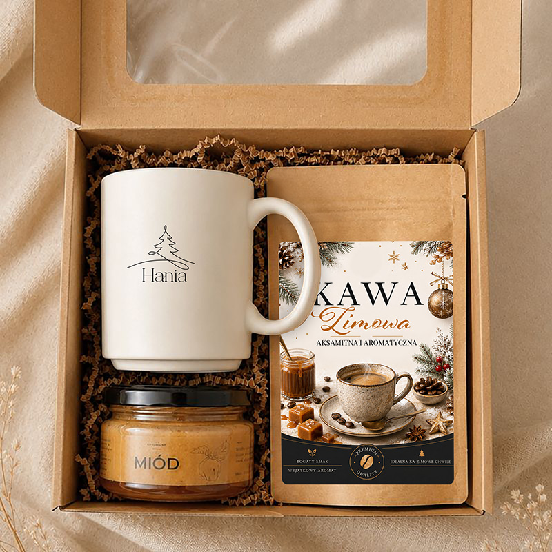 Zestaw świąteczny z personalizowanym kubkiem, kawą zimową i miodem w kraftowym pudełku.