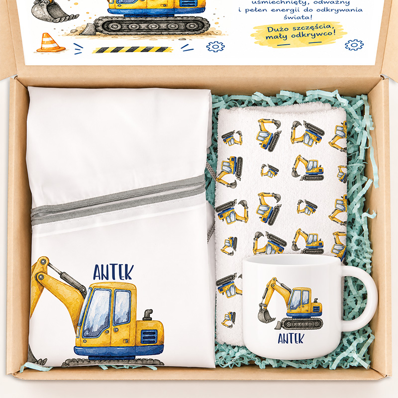 Personalizowany zestaw dla fana koparek. Gotowy box prezentowy dla chłopca.