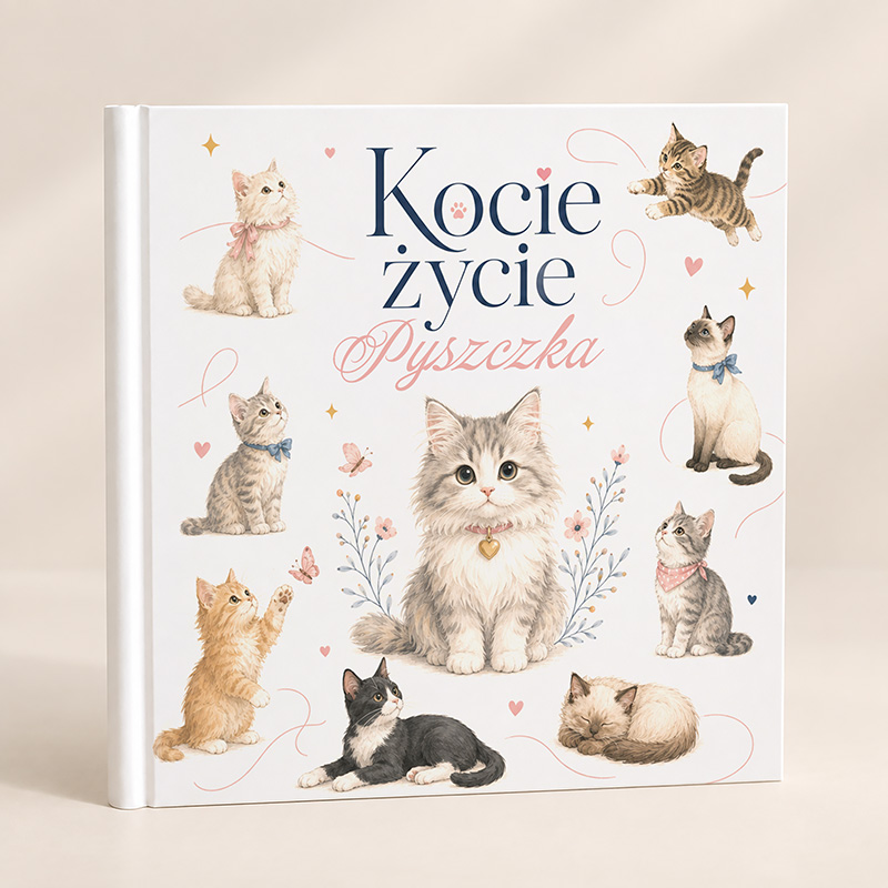 Okładka książki "Kocie życie", zdobiona ilustracjami różnych kotów w różnych pozach i postaciach.