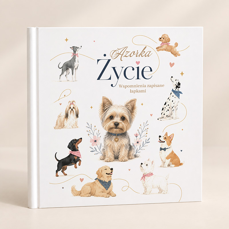 Okładka książki z tytułem „Życie” i ilustracjami różnych psów, w tym yorka, z sercami i kwiatami.