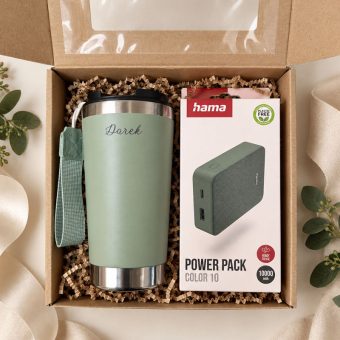 Zielony ZESTAW Prezentowy Kubek Termiczny i Powerbank