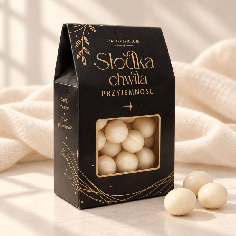 Czarna pudełko z białymi cukierkami, nazywające się "Słodka chwila", z eleganckim złotym napisem i subtelnym wzorem.