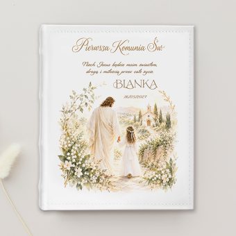 Komunijny ALBUM na Zdjęcia Pamiątka Komunii Świętej Jezus i Dziewczynka
