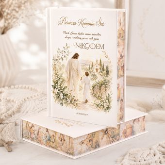 Personalizowana BIBLIA Prezent Komunijny Jezus i Chłopiec