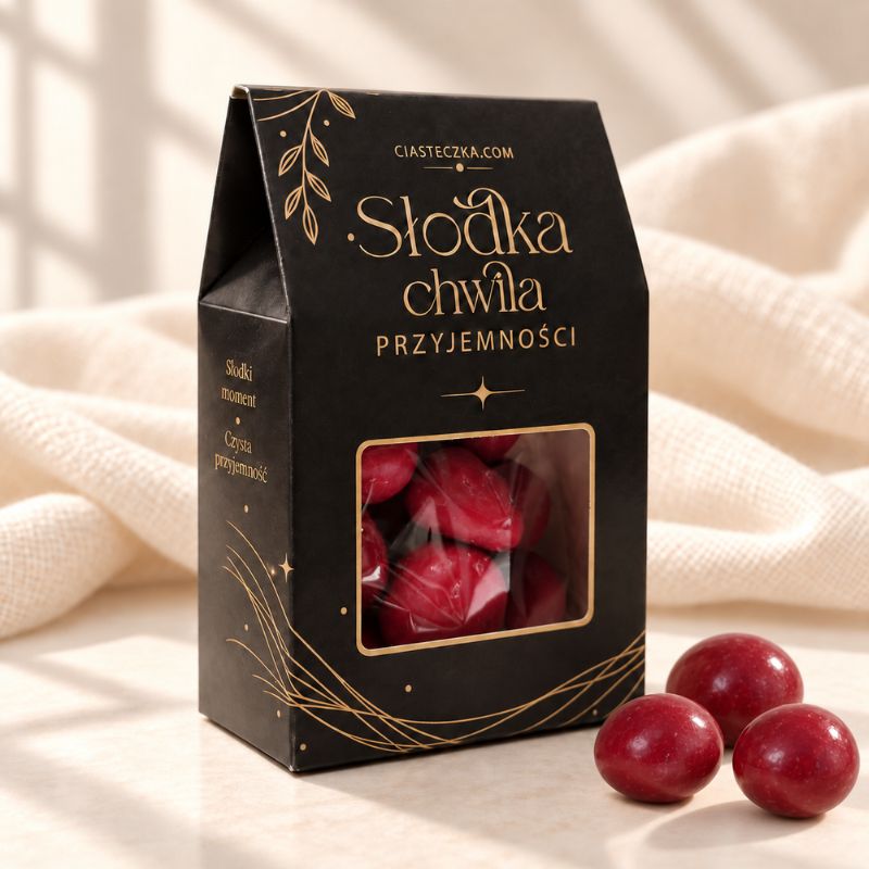 Eleganckie opakowanie cukierków w czerni z napisem "Słodka chwila" i przezroczystym oknem, obok kilka czerwonych cukierków.