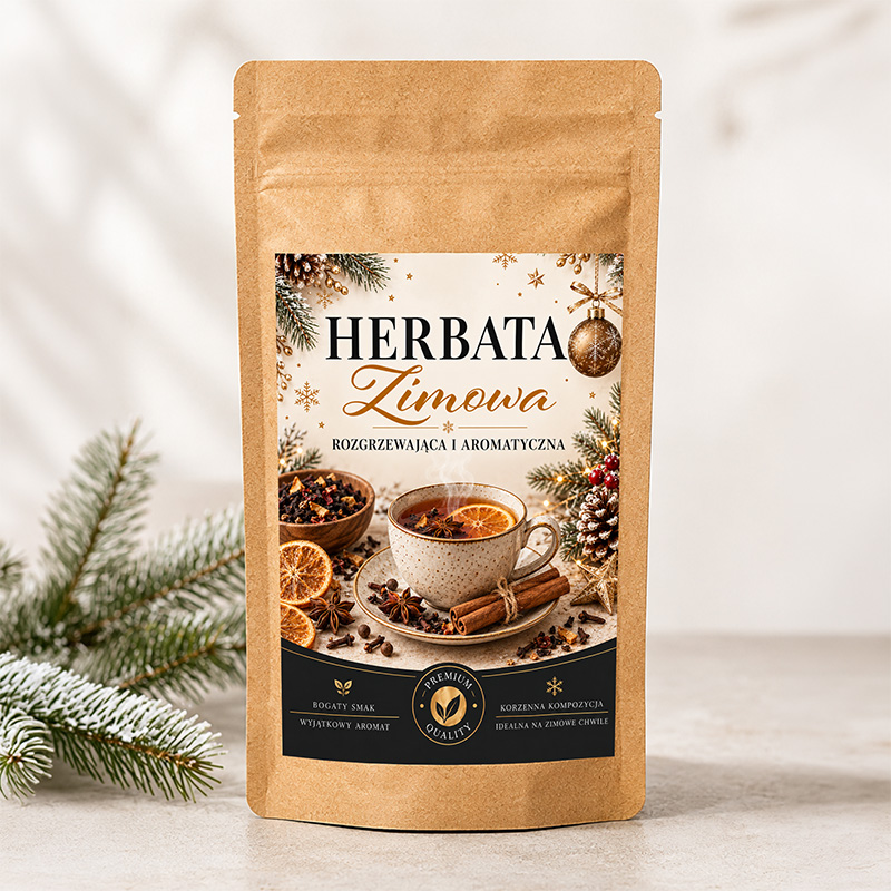 Aromatyczna herbata zimowa w ozdobnym opakowaniu ma grafikę z pomarańczą, cynamonem, anyżem i świątecznymi dekoracjami.