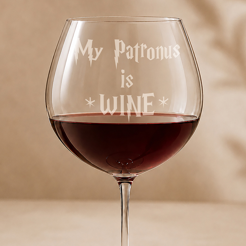 Typowy kieliszek do wina z wygrawerowanym napisem "My Patronus is WINE", napełniony czerwonym winem.